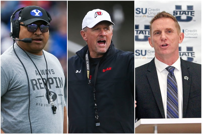 BYU football coach Kalani Sitake, University of Utah football coach Kyle Whittingham and Utah State University football coach Blake Anderson.