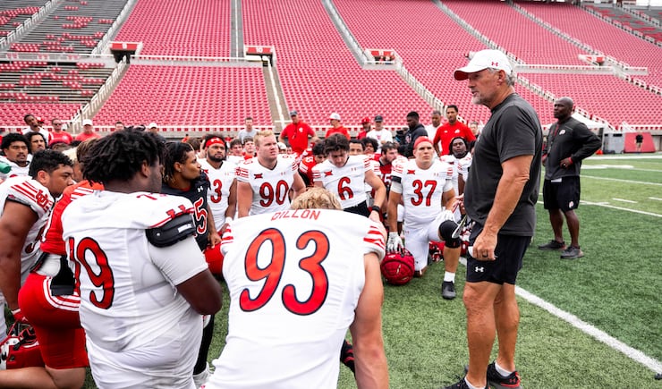 Utah head coach Kyle Whittingham talks to his players during a practice Friday, Aug. 15, 2025, at Rice-Eccles Stadium in Salt Lake City.