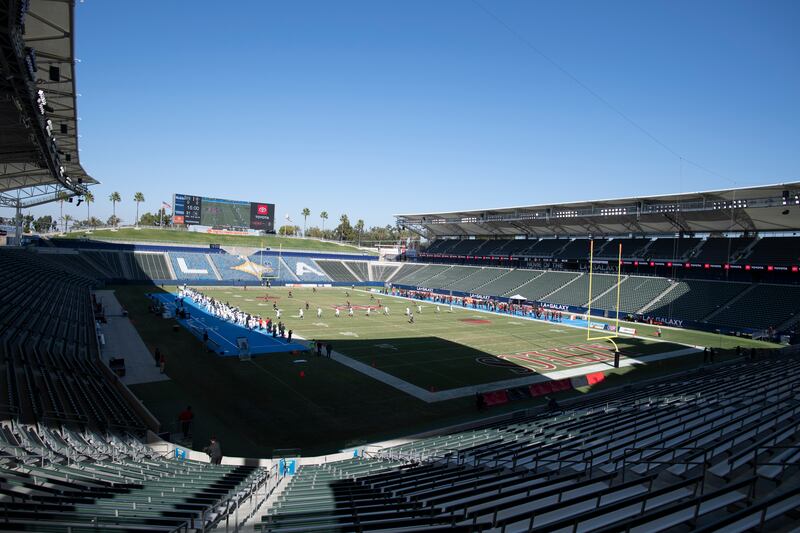 An NCAA football game kicks off between Hawaii and San Diego State on Saturday, Nov. 14, 2020, in Carson, California.