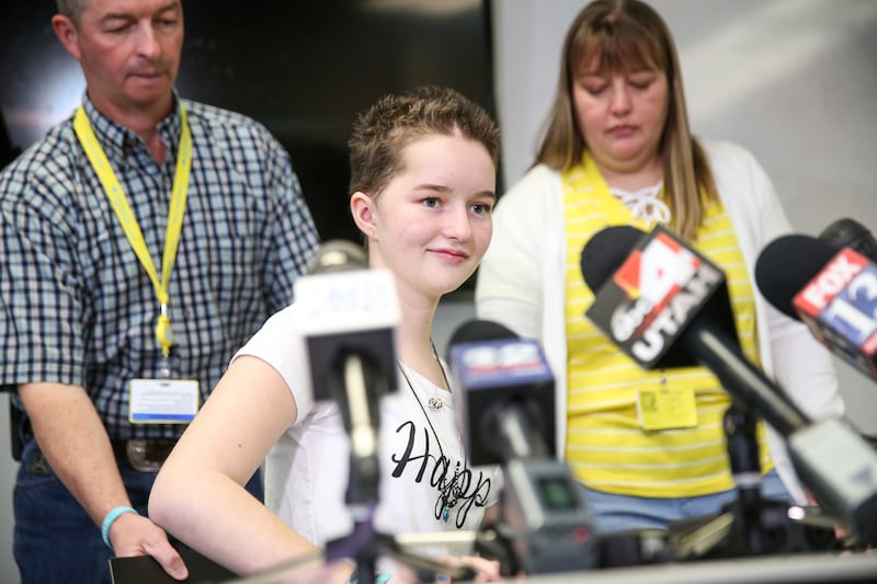 Deserae Turner and her parents, Matt and April, arrive for a press conference at Primary Children’s Hospital in Salt Lake City on Thursday, April 20, 2017.