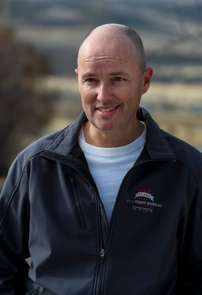 A headshot of the newly elected governor of Utah, Spencer Cox, on his farm in Fairview, Utah, in December 2020.