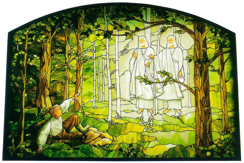 "Joseph Smith's First Vision" (stained glass, 7 by 5 feet) in the Palmyra Temple, Palmyra, NY. Photo by Willie Holdman. (Submission date: 08/24/2004)