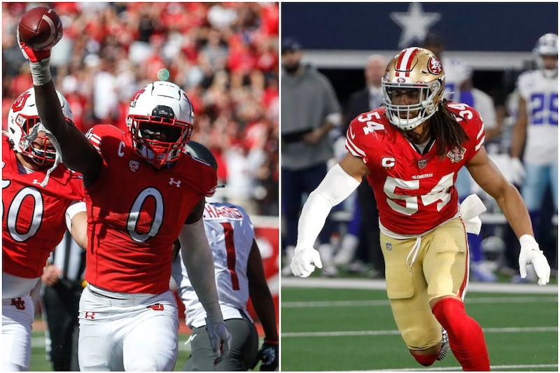 Utah linebacker Devin Lloyd, left, and former BYU linebacker Fred Warner, now with the San Francisco 49ers, right.