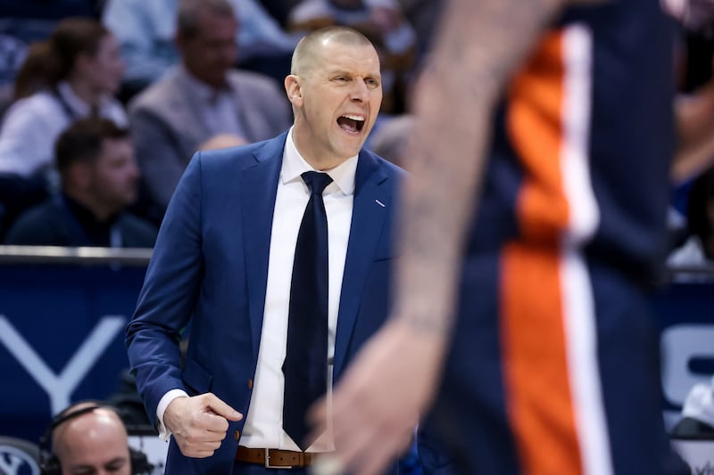 BYU head coach Mark Pope calls out from the bench during game against Pepperdine at the Marriott Center in Provo.