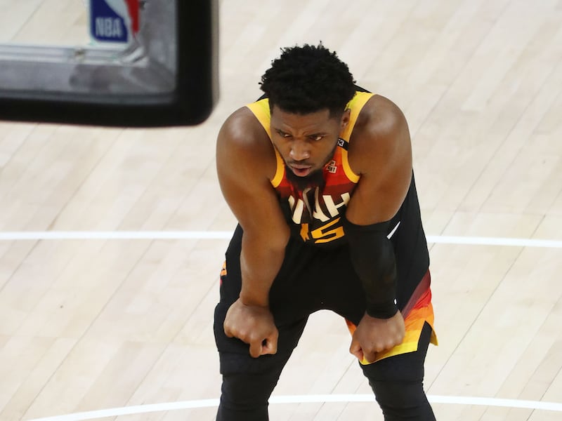 Utah Jazz guard Donovan Mitchell waits to shoot free throws during Game 5 of the NBA playoff series against the LA Clippers.