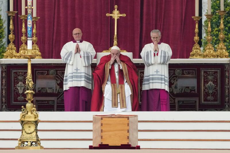 Pope Francis, center, presides over a funeral mass for late Pope Emeritus Benedict XVI at the Vatican, Thursday, Jan. 5, 2023.