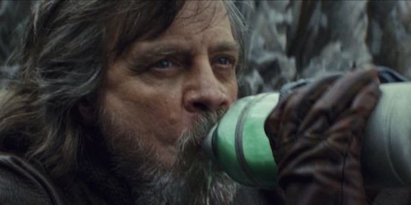 Luke Skywalker (Mark Hamill) drinks green milk from a bottle in "The Last Jedi."