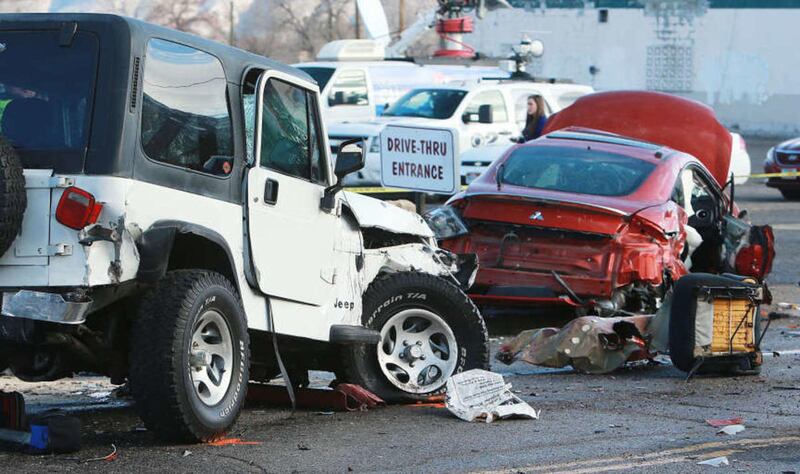 Law enforcement in Tooele investigate a multiple car accident Monday, Feb. 2, 2015, after a car was stolen and a chase ensued.