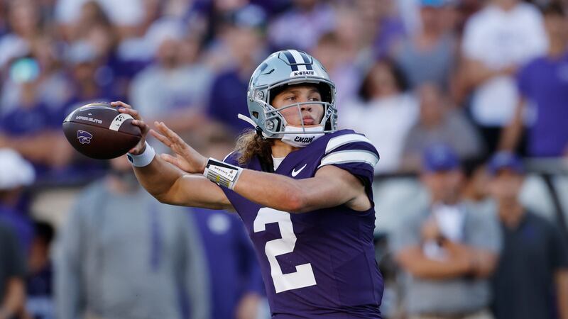 Kansas State quarterback Avery Johnson prepares to throw during game Saturday, Aug. 31, 2024, in Manhattan, Kan.